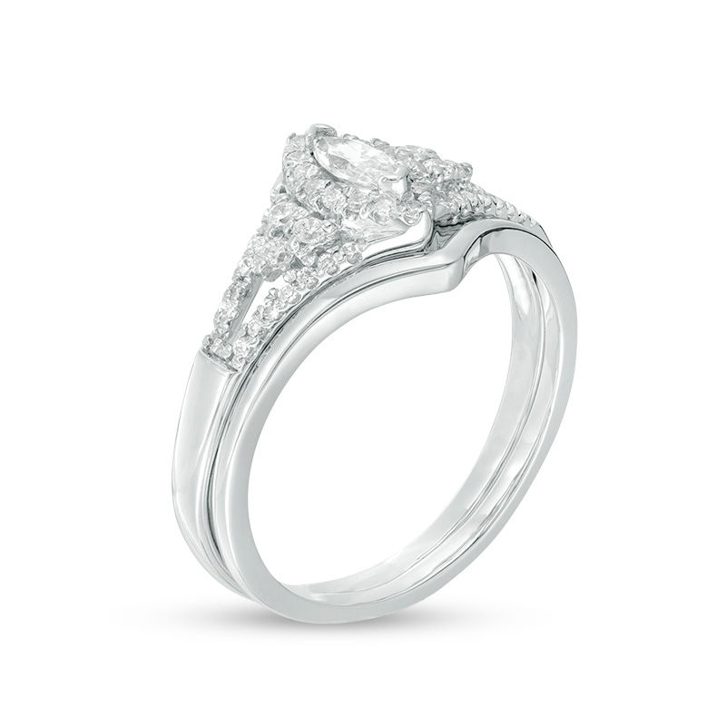 0.37 CT. T.W. Marquise Diamond Frame Tri-Sides Bridal Set in 10K White Gold|Peoples Jewellers