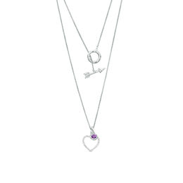 4.0mm Bezel-Set Amethyst Charm and White Topaz Heart Outline Pendant with Arrow Toggle Clasp in Sterling Silver