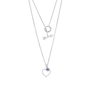 4.0mm Bezel-Set Amethyst Charm and White Topaz Heart Outline Pendant with Arrow Toggle Clasp in Sterling Silver