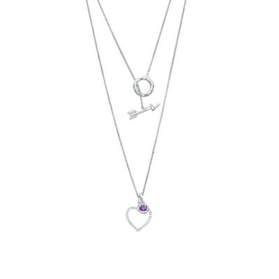 4.0mm Bezel-Set Amethyst Charm and White Topaz Heart Outline Pendant with Arrow Toggle Clasp in Sterling Silver