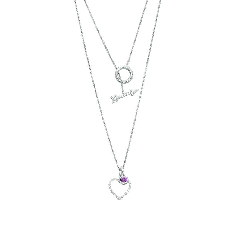4.0mm Bezel-Set Amethyst Charm and White Topaz Heart Outline Pendant with Arrow Toggle Clasp in Sterling Silver|Peoples Jewellers