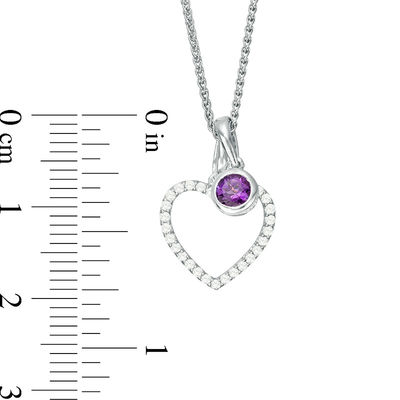 4.0mm Bezel-Set Amethyst Charm and White Topaz Heart Outline Pendant with Arrow Toggle Clasp in Sterling Silver