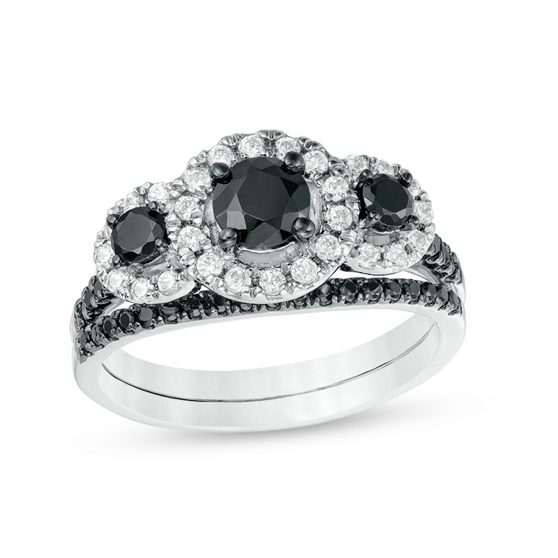 0.91 CT. T.W. Enhanced Black and White Diamond Frame Three Stone Bridal Set in 10K White Gold|Peoples Jewellers