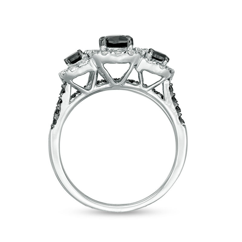 0.91 CT. T.W. Enhanced Black and White Diamond Frame Three Stone Bridal Set in 10K White Gold