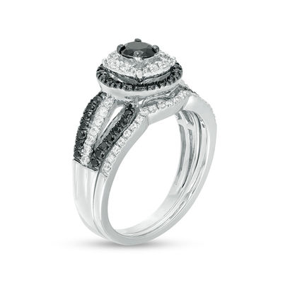 0.69 CT. T.W. Enhanced Black and White Diamond Double Frame Bridal Set in 10K White Gold