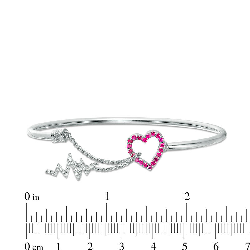 2.5mm Flex Bangle with Lab-Created Ruby and White Sapphire Heart and Heartbeat Toggle Clasp in Sterling Silver|Peoples Jewellers