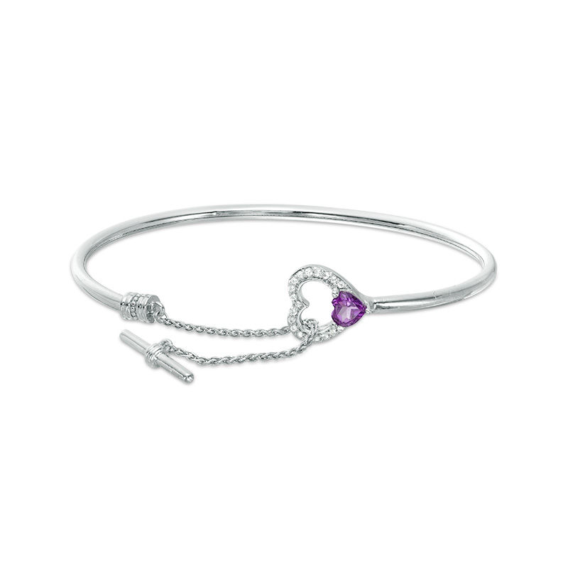 2.5mm Flex Bangle with 5.0mm Amethyst and White Topaz Double Heart Toggle Clasp in Sterling Silver|Peoples Jewellers