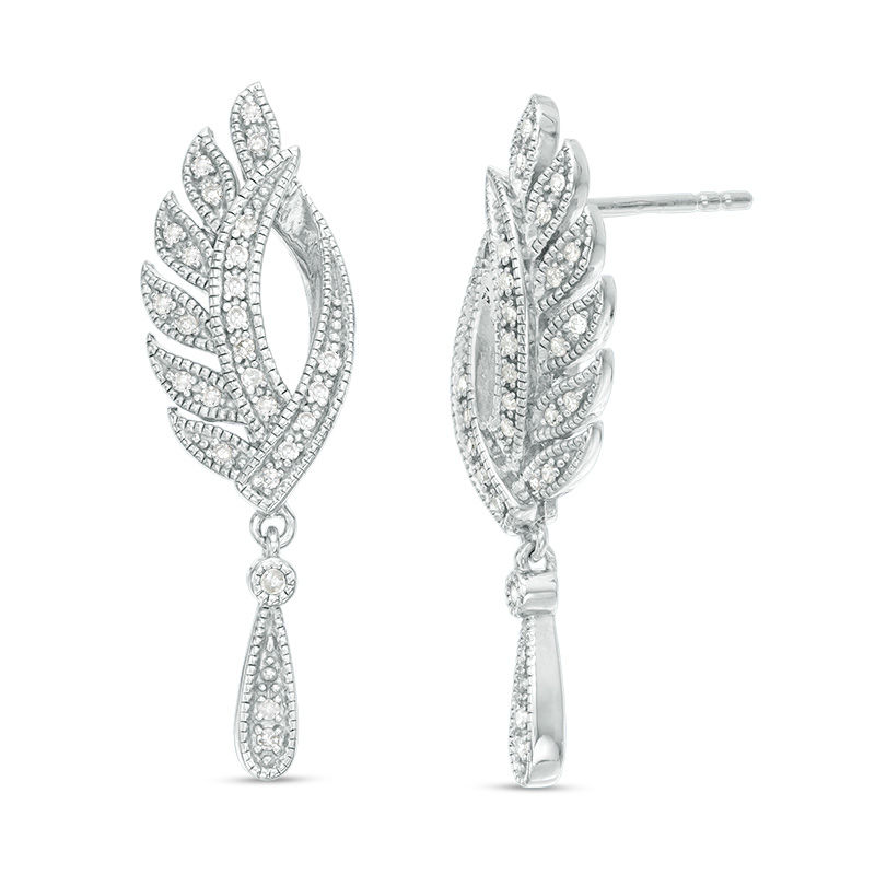 0.18 CT. T.W. Diamond Leaf Vintage-Style Drop Earrings in Sterling Silver|Peoples Jewellers