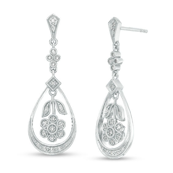 0.085 CT. T.W. Diamond Inverted Flower Teardrop Earrings in Sterling Silver