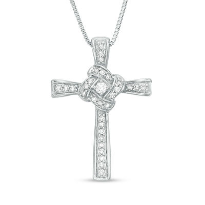 0.18 CT. T.W. Diamond Love Knot Cross Pendant in Sterling Silver