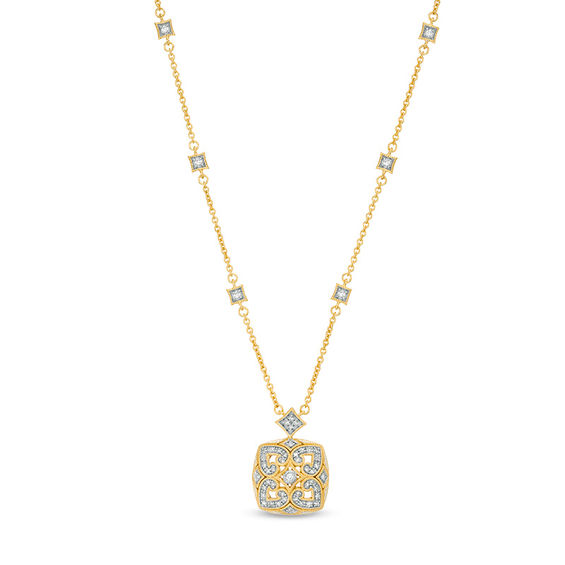 0.18 CT. T.W. Diamond Heart Clover Station Necklace in Sterling Silver with 18K Gold Plate - 20"