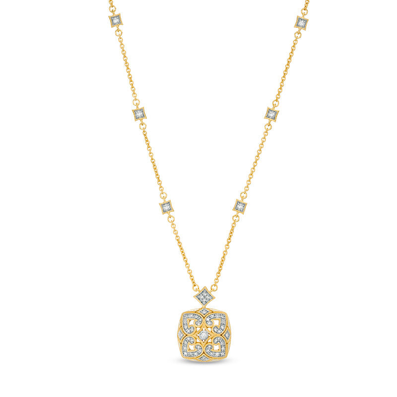 0.18 CT. T.W. Diamond Heart Clover Station Necklace in Sterling Silver with 18K Gold Plate - 20"|Peoples Jewellers