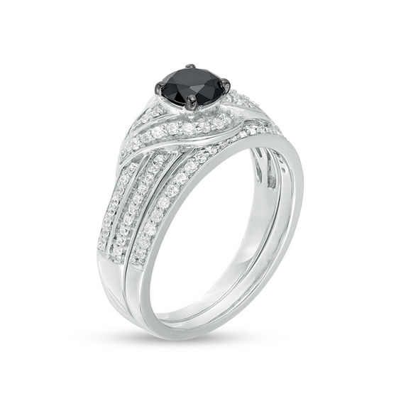 0.70 CT. T.W. Enhanced Black and White Diamond Bypass Bridal Set in 10K White Gold