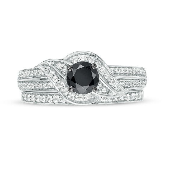 0.70 CT. T.W. Enhanced Black and White Diamond Bypass Bridal Set in 10K White Gold