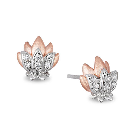 Enchanted Disney Jasmine 0.085 CT. T.W. Diamond Lotus Stud Earrings in Sterling Silver and 10K Rose Gold