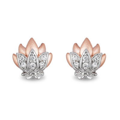 Enchanted Disney Jasmine 0.085 CT. T.W. Diamond Lotus Stud Earrings in Sterling Silver and 10K Rose Gold