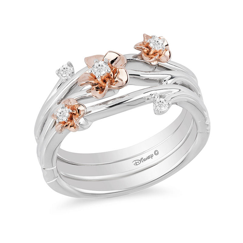 Enchanted Disney Mulan 0.085 CT. T.W. Diamond Flower Stackable Band Set in Sterling Silver and 10K Rose Gold|Peoples Jewellers