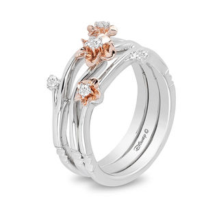 Enchanted Disney Mulan 0.085 CT. T.W. Diamond Flower Stackable Band Set in Sterling Silver and 10K Rose Gold