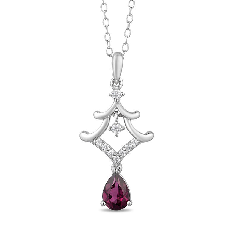 Enchanted Disney Mulan Pear-Shaped Garnet and 0.085 CT. T.W. Diamond Pagoda Pendant in Sterling Silver - 19"|Peoples Jewellers