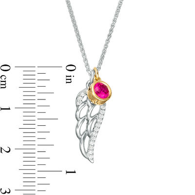 4.0mm Bezel-Set Lab-Created Ruby Charm and White Sapphire Angel Wing Pendant in Sterling Silver and 10K Gold