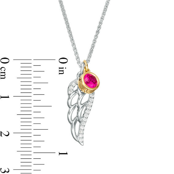 4.0mm Bezel-Set Lab-Created Ruby Charm and White Sapphire Angel Wing Pendant in Sterling Silver and 10K Gold