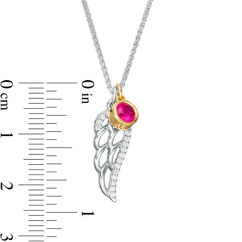 4.0mm Bezel-Set Lab-Created Ruby Charm and White Sapphire Angel Wing Pendant in Sterling Silver and 10K Gold|Peoples Jewellers