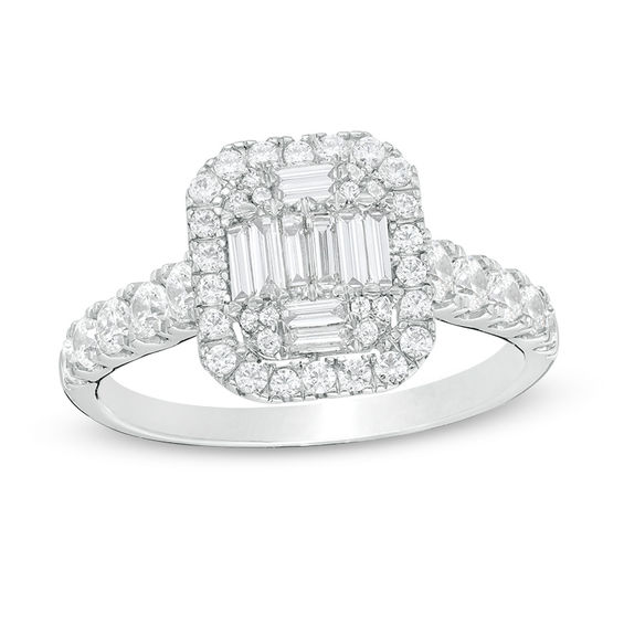 0.85 CT. T.W. Composite Baguette and Round Diamond Frame Engagement Ring in 14K White Gold