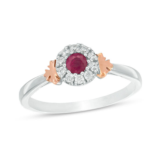 Peoples 100-Year Anniversary Ruby and 0.12 CT. T.W. Diamond Frame Maple Leaf Ring in 14K Two-Tone Gold