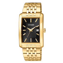 Men's Citizen Quartz Gold-Tone Watch with Tonneau Black Dial (Model: BH1673-50E)