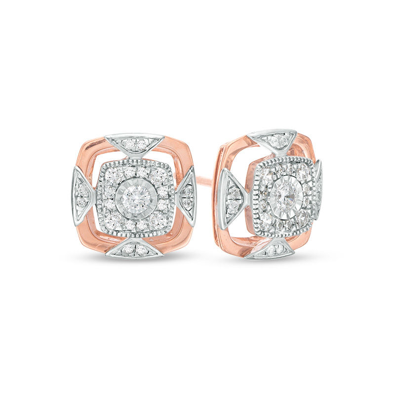 0.33 CT. T.W. Diamond Cushion Frame Vintage-Style Stud Earrings in 10K Two-Tone Gold|Peoples Jewellers