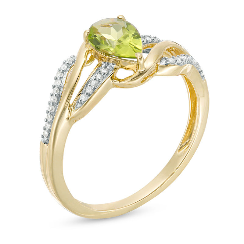 Main Image 2 of Pear-Shaped Peridot and 0.069 CT. T.W. Diamond Wave Ring in 10K Gold