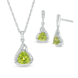 Trillion-Cut Peridot and Lab-Created White Sapphire Flame Pendant and Drop Earrings Set in Sterling Silver