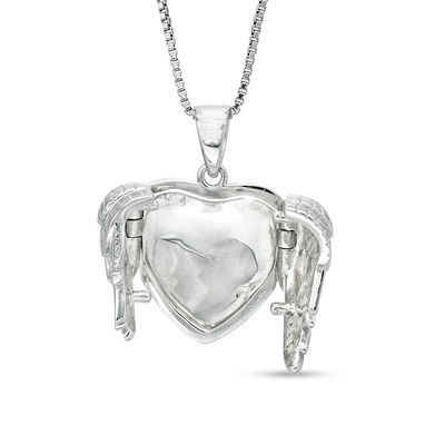 White Lab-Created Sapphire Angel Wings Heart Locket in Sterling Silver