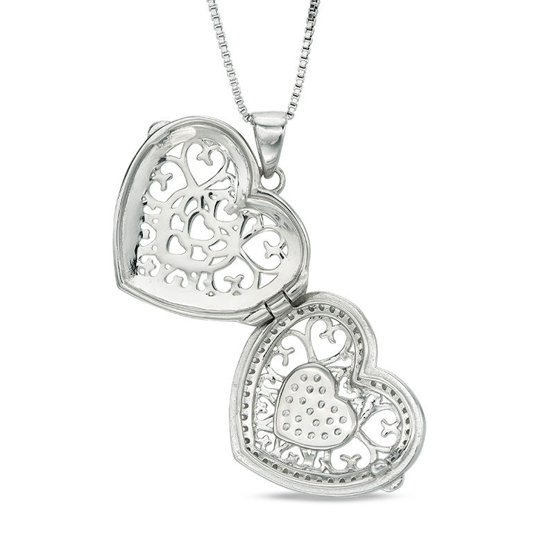 Lab-Created White Sapphire Cluster Vintage-Style Heart Locket in Sterling Silver|Peoples Jewellers