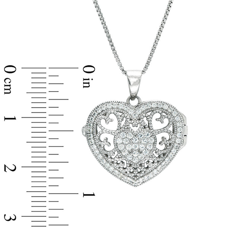 Lab-Created White Sapphire Cluster Vintage-Style Heart Locket in Sterling Silver