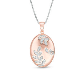 Lab-Created White Sapphire Leaf Vine Oval Locket in Sterling Silver with 18K Rose Gold Plate