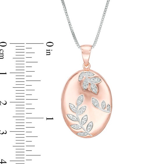 Lab-Created White Sapphire Leaf Vine Oval Locket in Sterling Silver with 18K Rose Gold Plate