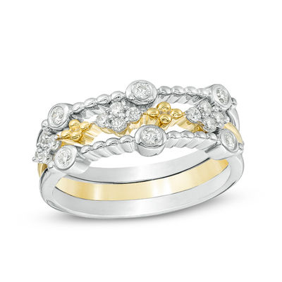 Convertibilities 0.23 CT. T.W. Diamond Beaded Station Three Piece Stackable Band Set in Sterling Silver and 10K Gold