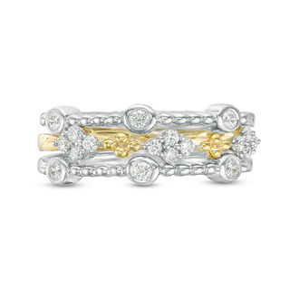 Convertibilities 0.23 CT. T.W. Diamond Beaded Station Three Piece Stackable Band Set in Sterling Silver and 10K Gold