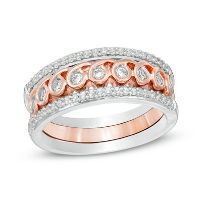 Convertibilities 0.46 CT. T.W. Diamond Spiral Loop Three Piece Stackable Band Set in Sterling Silver and 10K Rose Gold