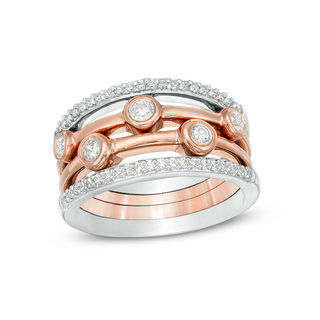 Convertibilities 0.37 CT. T.W. Diamond Station Four Piece Stackable Band Set in Sterling Silver and 10K Rose Gold