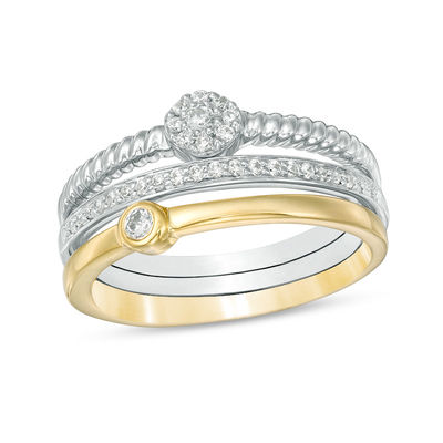 Convertibilities 0.18 CT. T.W. Diamond Rope Twist Three Piece Stackable Band Set in Sterling Silver and 10K Gold