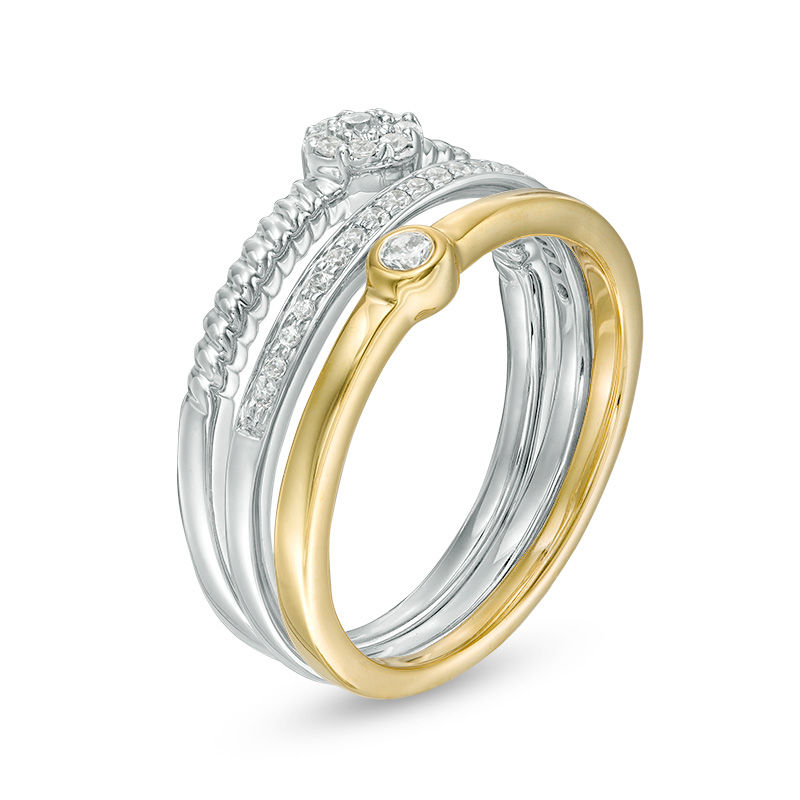 Convertibilities 0.18 CT. T.W. Diamond Rope Twist Three Piece Stackable Band Set in Sterling Silver and 10K Gold|Peoples Jewellers