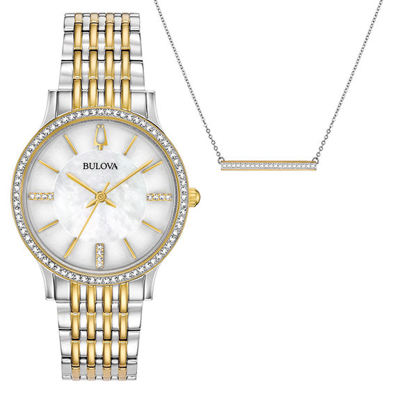 Ladies' Bulova Crystal Accent Two-Tone Watch and Necklace Boxed Set (Model: 98X118)