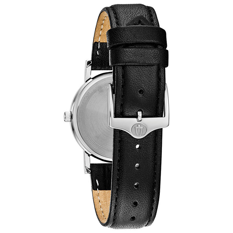 Bulova men's black leather 2025 strap watch with diamond