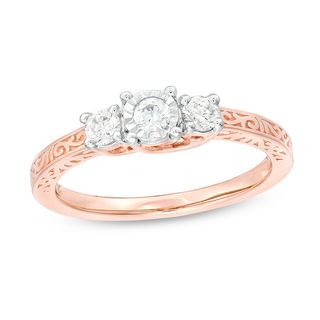 CT. T.W. Diamond Three Stone Filigree Scroll Engagement Ring in 10K Rose Gold