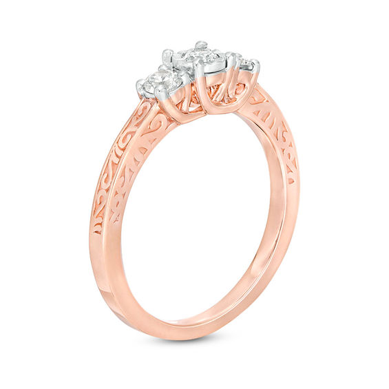 CT. T.W. Diamond Three Stone Filigree Scroll Engagement Ring in 10K Rose Gold