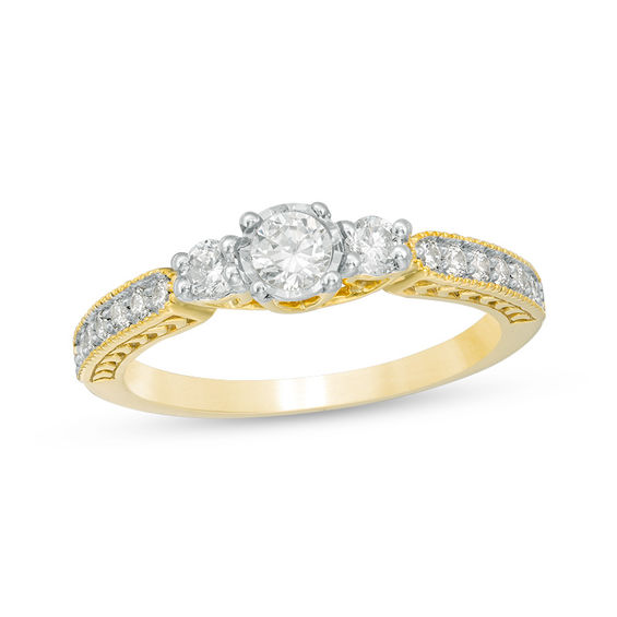 0.45 CT. T.W. Diamond Three Stone Vintage-Style Engagement Ring in 10K Gold