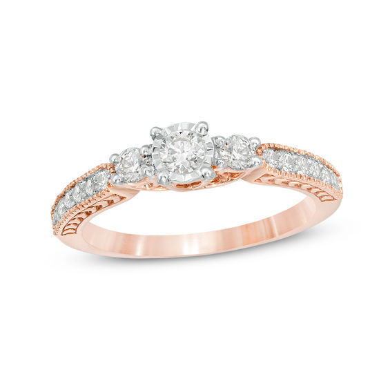 0.45 CT. T.W. Diamond Three Stone Vintage-Style Engagement Ring in 10K Rose Gold