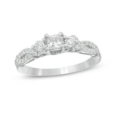 0.37 CT. T.W. Princess-Cut Diamond Three Stone Crossover Shank Engagement Ring in 10K Gold